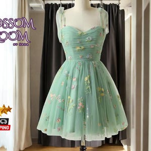 Embroidered Floral Prom Mini-Dress | Stylish Tulle A-Line Design | Ruched Bodice & Spaghetti Straps | Summer Party Outfit