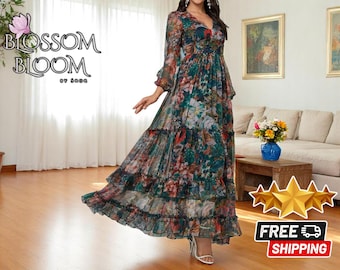 Boho Floral Maxi Dress | Women's Vintage Long Sleeve | Frill Trim Summer Vacation | Chic Fashion Outfit | Elegant Casual Party