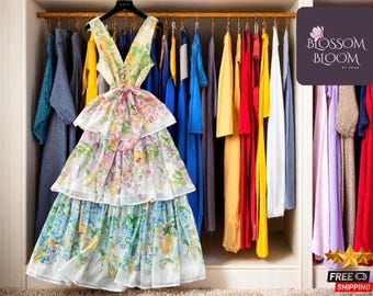 Floral Bohemian Chiffon Dress | Elegant Long Evening for Women | Holiday Party Outfit | Ruffle Flounce with Sash | Boho Chic Style