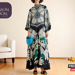 Boho Floral Kaftan Dress | Spring Long Sleeve for Women | Elegant Stand Collar Loose-Fit | Trendy Casual Outfit | Chic Ladies Fashion