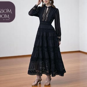 Long Sleeve Maxi Dress | Elegant Lace for Women | Hollow Out Embroidery Detailing | Chic V-Neck Lantern | Formal Evening Gown