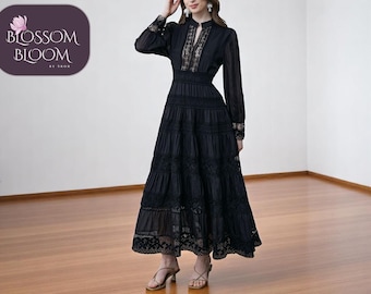 Maxi-jurk met lange mouwen | Elegant kant voor dames | Uitgeholde borduurdetails | Chique lantaarn met V-hals | Formele avondjurk