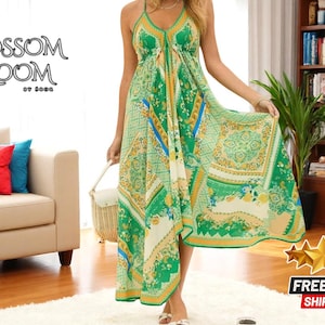 Boho Maxi Dress for Women | Chic Floral Halter Style | Summer V-Neck Sundress | Flowy Beach Gown | Lightweight Vacation Outfit