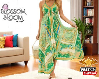 Vestido longo boho feminino | Estilo halter floral chique | Vestido de verão com decote em V | Vestido de praia fluido | Traje leve para férias