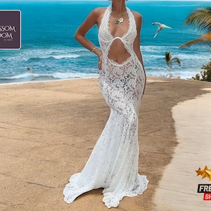 Elegante vestido largo de encaje / Diseño sin espalda y cuello halter / Atuendo para fiesta en la playa de verano / Estilo boho chic para mujer / Ajuste cómodo y fluido