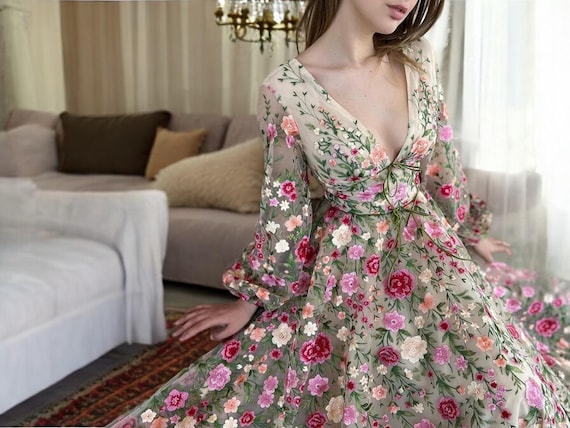 Floral Loose Prom Dresses | Stylish Long Sleeve Gown | Fashionable Formal Attire