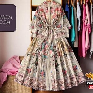 Summer Autumn Floral-Print Maxi-Dress | Chic Lantern Sleeve for Women | Elegant Lace-Up Waist Style | Retro Cottagecore Outfit