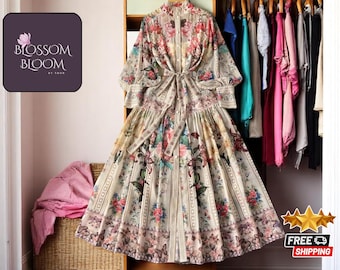 Vestido largo con estampado floral de verano y otoño / Elegante manga farol para mujer / Elegante cintura con cordones / Atuendo retro cottagecore