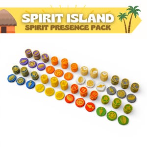 May include: A collection of colorful game tokens with various designs and icons. The tokens are arranged on a white surface, with text at the top that reads "SPIRIT ISLAND SPIRIT PRESENCE PACK". The tokens are in shades of blue, yellow, orange, red, green, and gray.