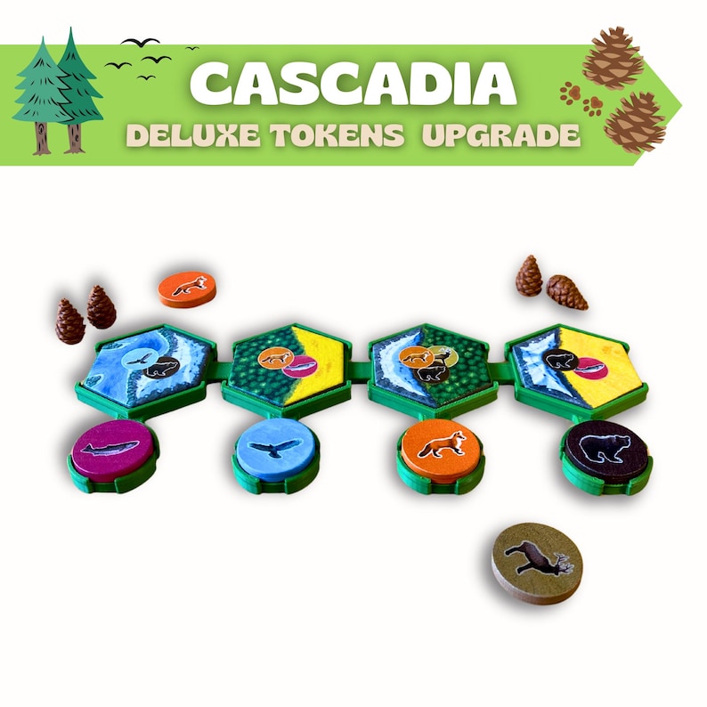 Puede incluir: Componentes del juego de mesa Cascadia Deluxe Tokens Upgrade. La imagen muestra una variedad de piezas de juego coloridas, incluyendo fichas hexagonales con ilustraciones de animales y paisajes, y fichas redondas. Se muestra el texto "Cascadia Deluxe Tokens Upgrade".