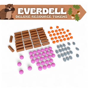 Puede incluir: Un conjunto de fichas de recursos Deluxe Everdell. Las fichas incluyen troncos de madera marrones, piezas naranjas en forma de gema, piezas de piedra grises y piezas rosas en forma de baya. El logotipo de Everdell se muestra arriba.