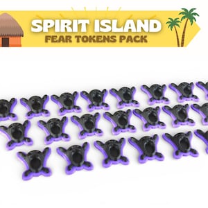 May include: A collection of black tokens with purple accents, shaped like screaming faces. The tokens are arranged in rows. The image includes text that reads "Spirit Island Fear Tokens Pack."