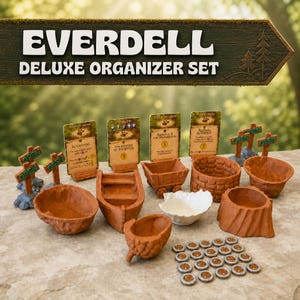 May include: Everdell Deluxe Organizer Set featuring brown plastic game components including a boat, cart, tree stump, basket, and nut-shaped bowls. Includes small circular tokens, four rectangular game cards, and two small green open signs.