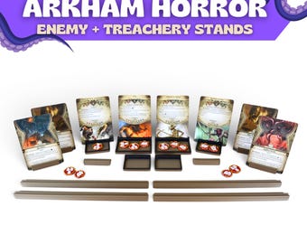 May include: A set of brown plastic stands for Arkham Horror game cards, featuring multiple upright card holders, small rectangular trays, and long horizontal base bars, displayed with various game cards and small red circular tokens.