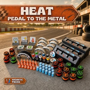 May include: A board game set titled Heat Pedal to the Metal featuring various game components including numbered circular tokens, small orange traffic cones, blue water barrel tokens, gear shift boards, and white curved tokens labeled Tunnel Vision.