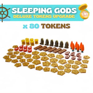 Könnte beinhalten: Eine Sammlung von Spielmarken für "Sleeping Gods: Deluxe Tokens Upgrade". Die Marken umfassen gelbe Burgteile, braune Holzstücke, orangefarbene Baumteile, rote Marken und braune und beige strukturierte Marken. Der Text "SLEEPING GODS DELUXE TOKENS UPGRADE" und "x 80 TOKENS" ist ebenfalls enthalten.