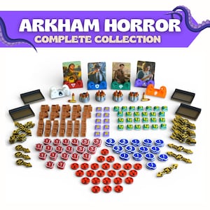 May include: A board game accessory set for Arkham Horror Complete Collection featuring character card stands, miniature bullet tokens, brown crate tokens, green footprint tokens, and various numbered circular tokens in red, blue, and white.