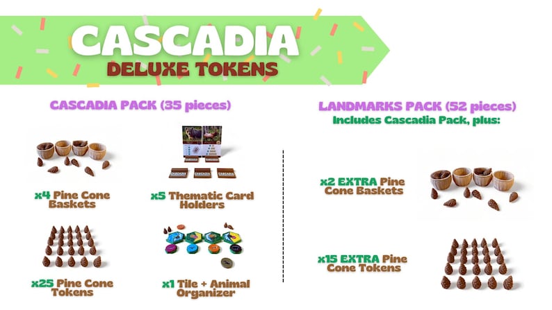 Puede incluir: Imagen de Cascadia Deluxe Tokens, que incluye Cascadia Pack y Landmarks Pack. El Cascadia Pack incluye cestas de pi&ntilde;as, portatarjetas tem&aacute;ticas, fichas de pi&ntilde;as y un organizador de fichas y animales. El Landmarks Pack incluye cestas y fichas de pi&ntilde;as adicionales.