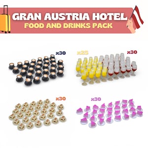 May include: A Gran Austria Hotel food and drinks pack featuring 30 black coffee cups, 25 yellow juice glasses, 30 red wine glasses, 30 beige rolls on plates, and 30 pink cake slices on plates. The text reads Gran Austria Hotel Food and Drinks Pack.