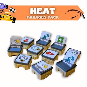 May include: A collection of Heat Garages Pack game pieces. The pieces are yellow, gray, and blue, with various icons and symbols on the tops. The game pieces have a small, angled back and a flat top. The text "HEAT GARAGES PACK" is visible.