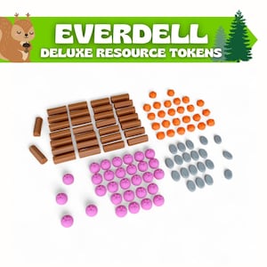 Puede incluir: Set de fichas de recursos Everdell Deluxe con troncos de madera cilíndricos marrones, bayas de resina naranja facetadas, fichas de fruta rosas en forma de estrella y guijarros ovalados grises. El banner superior muestra el texto Everdell Deluxe Resource Tokens.