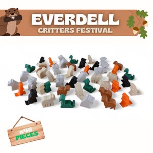 May include: A selection of 48 wooden game pieces in animal shapes, such as ducks, rabbits, and squirrels. The pieces are in brown, white, green, black, and orange. The image features the text "EVERDELL CRITTERS FESTIVAL".