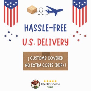 Puede incluir: Un anuncio con el texto "HASSLE-FREE U.S. DELIVERY" en azul y rojo. Tambi&eacute;n se muestra una caja de cart&oacute;n, un avi&oacute;n azul y banderas americanas. Se incluye el texto "&iexcl; CUSTOMS COVERED NO EXTRA COSTS (DDP) !".