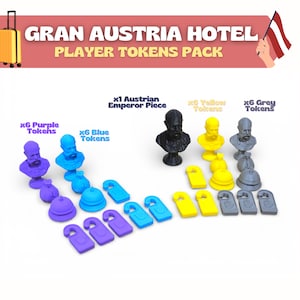 May include: A collection of game tokens for the Gran Austria Hotel, including purple, blue, yellow, and gray tokens, plus a black emperor piece. The set includes door hangers, bells, and bust figures. The text "PLAYER TOKENS PACK" is visible.
