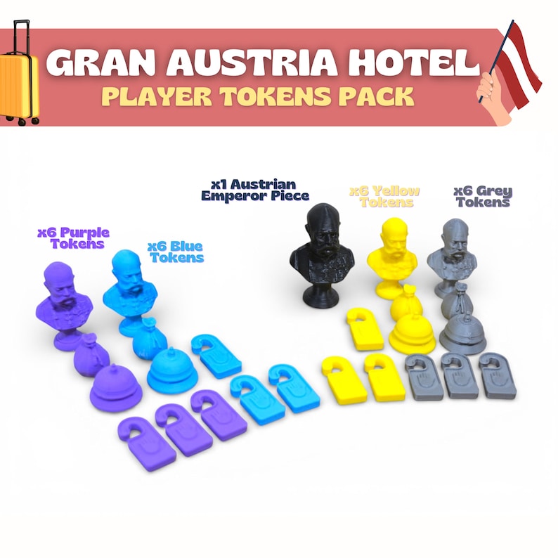 May include: A collection of game tokens for the Gran Austria Hotel, including purple, blue, yellow, and gray tokens, plus a black emperor piece. The set includes door hangers, bells, and bust figures. The text "PLAYER TOKENS PACK" is visible.
