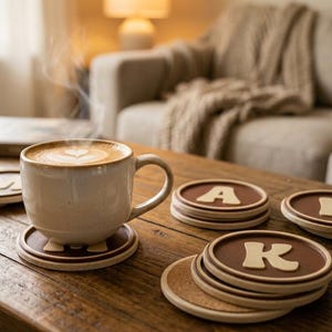 Op de afbeelding: Een keramische mok gevuld met een dampende latte met hartvormige schuimkunst, rustend op een ronde onderzetter. Verschillende extra ronde onderzetters liggen in een stapel, elk voorzien van een grote, lichte letter zoals A, K, L en M.