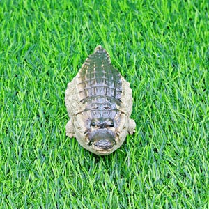 May include: A detailed, top-down view of a small, decorative alligator figurine. The figurine is a muted green and tan colour, with textured scales and a detailed face. It rests on a bed of vibrant green artificial grass.