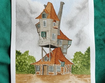 Origineel aquarel schilderij The Burrow - Wizard World - handgeschilderd 28 x 19 cm