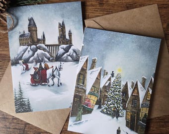 Magic themed Christmas cards - magical school - wizard winter village