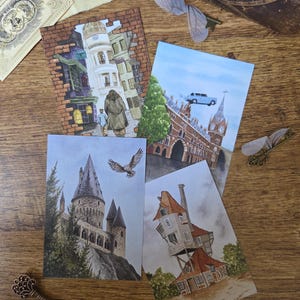 Wizard world postcards: magical alley, magic school, the burrow and Kings Cross