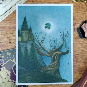 A5 Magical tree art print - handsigned - magic willow with flying car and castle