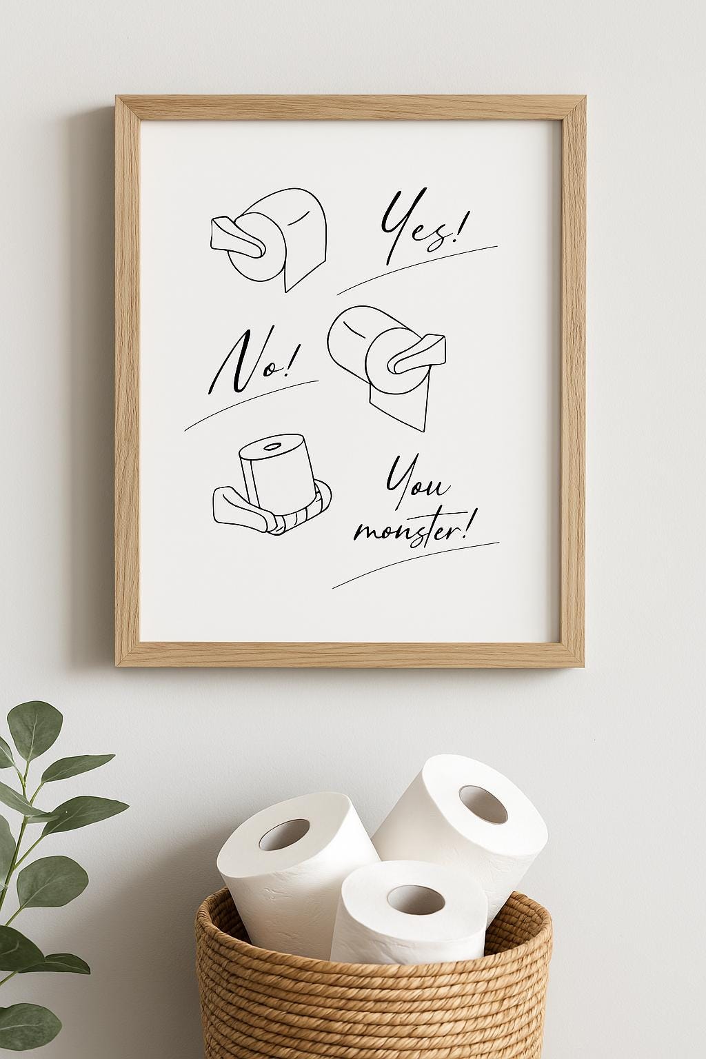 Funny Toilet Paper Bathroom Wall Art – “Yes, No, You Monster!” Printable | Minimalist Bathroom Decor | Digital Download