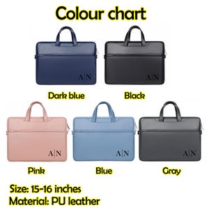 May include: A color chart displaying five PU leather laptop bags in dark blue, black, pink, blue, and gray. Each bag has a handle, a zipper, and the initials "AN". The bags are sized 15-16 inches.