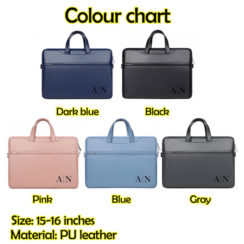 May include: A color chart displaying five PU leather laptop bags in dark blue, black, pink, blue, and gray. Each bag has a handle, a zipper, and the initials "AN". The bags are sized 15-16 inches.