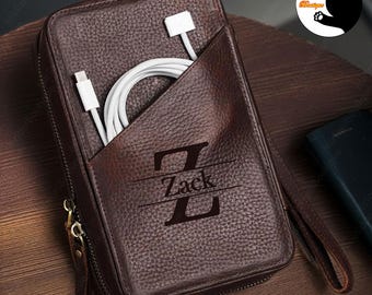 Personalized Leather Travel Cable Organizer, Custom Cowhide Tech Organizer Tech Accessories Digital Accessory Bag Cases, Cable Bag Storage