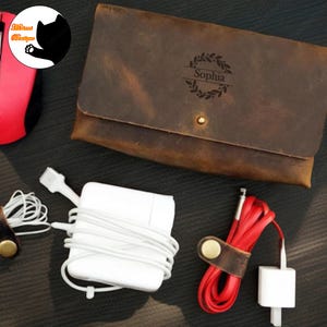Personalized Leather Travel Cable Organizer,Custom Name Leather Charger Bag,Power Cord bag,Macbook Charger Case,Cable Bag Storage,Best Gifts