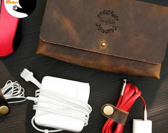 Personalized Leather Travel Cable Organizer,Custom Name Leather Charger Bag,Power Cord bag,Macbook Charger Case,Cable Bag Storage,Best Gifts