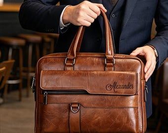 Personalized Engraved Men's Leather Briefcase, Custom 14 Inch Laptop Bag, Handmade Business Satchel,Gift for Him,Work & Travel Crossbody Bag