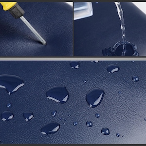 May include: Close-up shots showcasing a navy blue, textured surface. Water beads up on the surface, demonstrating its water-resistant properties. A screwdriver is used to test the material's durability. The image highlights the product's resilience.