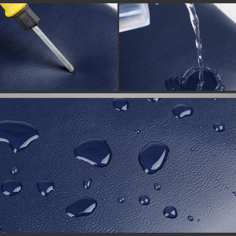 May include: Close-up shots showcasing a navy blue, textured surface. Water beads up on the surface, demonstrating its water-resistant properties. A screwdriver is used to test the material's durability. The image highlights the product's resilience.