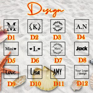 May include: A collection of design options for personalized items, featuring various text and graphic elements within black squares. The designs include names, initials, and phrases like "Love" and "Marry", set against a sandy background.
