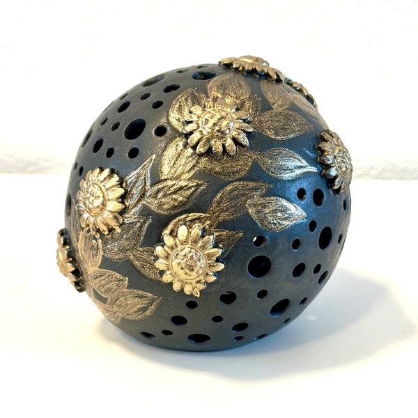 Dekokugel/Windlicht Keramik handgefertigt, 12 cm schwarz/gold mit Blumenmuster, frostsicher für Innen- und Aussenbereich