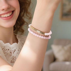 Personalized Rose Quartz Bracelet: Engraved Message, Natural Crystal