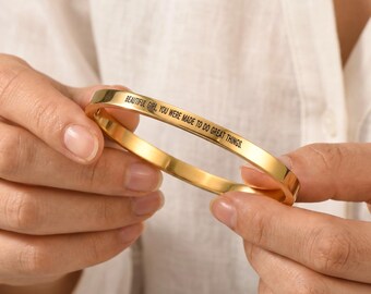 Bracciale rigido personalizzato con citazione motivazionale, bracciale da donna in oro 18 carati, bracciale rigido con affermazione incisa, bracciale con nome inciso fai da te, regali personalizzati