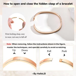 May include: Rose gold bracelet with a hidden clasp, shown open and closed. The image includes instructions on how to open and close the clasp, with text that reads "Firm locking clasp, easy to wear, not easy to fall off."
