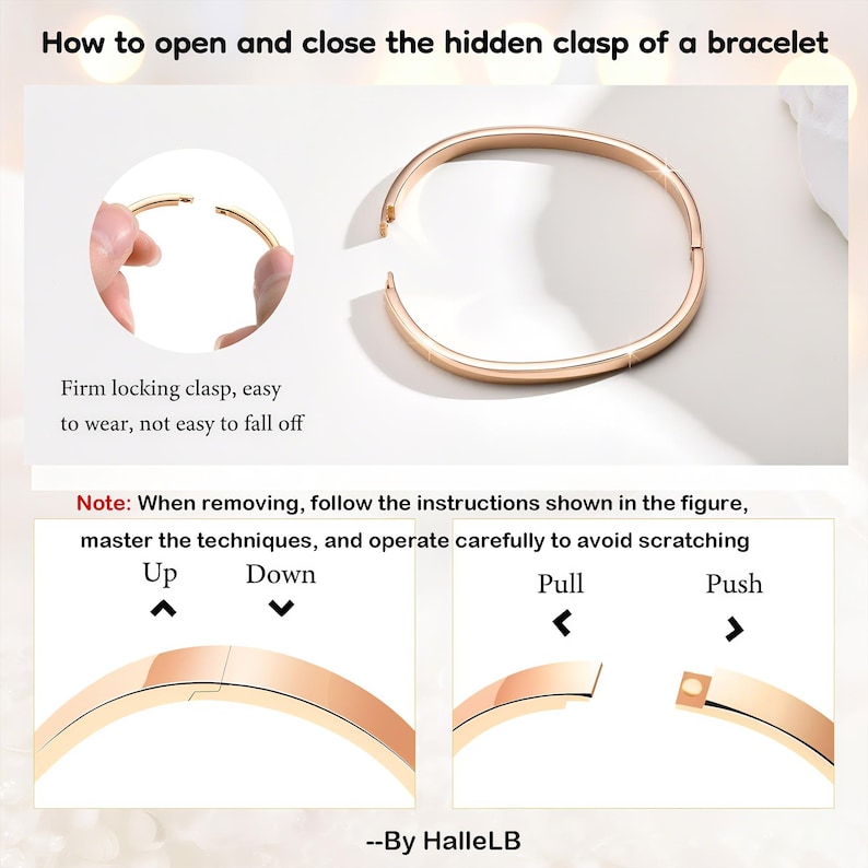 May include: Rose gold bracelet with a hidden clasp, shown open and closed. The image includes instructions on how to open and close the clasp, with text that reads "Firm locking clasp, easy to wear, not easy to fall off."